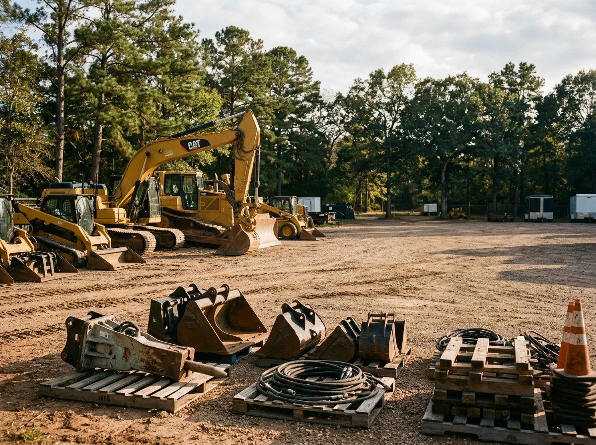 Excavation equipment and tools staged at a job site, ready for land clearing and site preparation work.