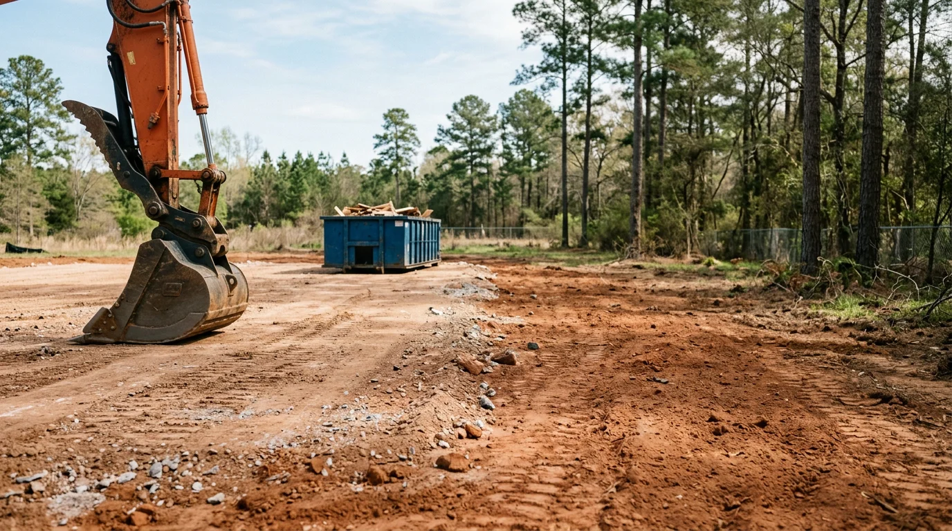 Demolition contractor operating heavy equipment on a cleared property site in Angelina County, Texas