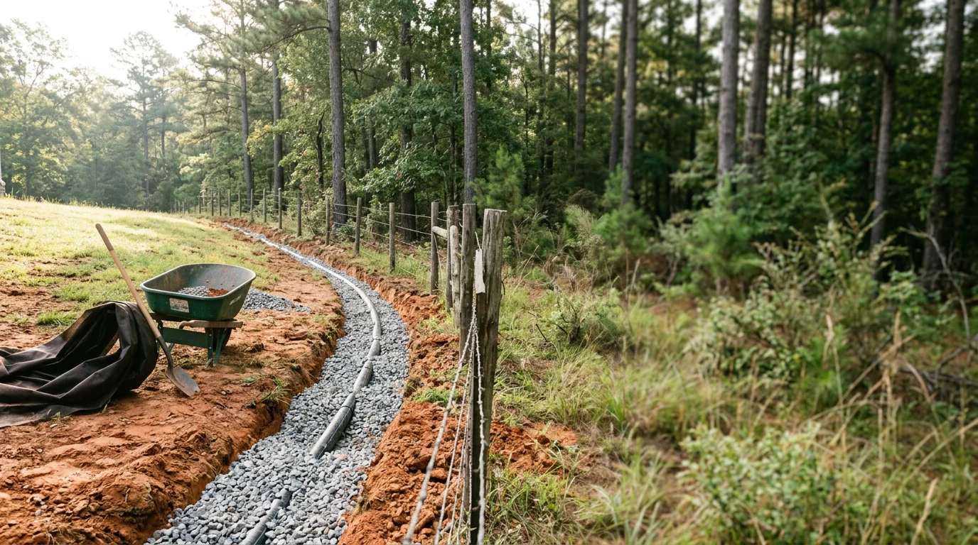 Drainage system installation with culvert and erosion control measures on a residential property
