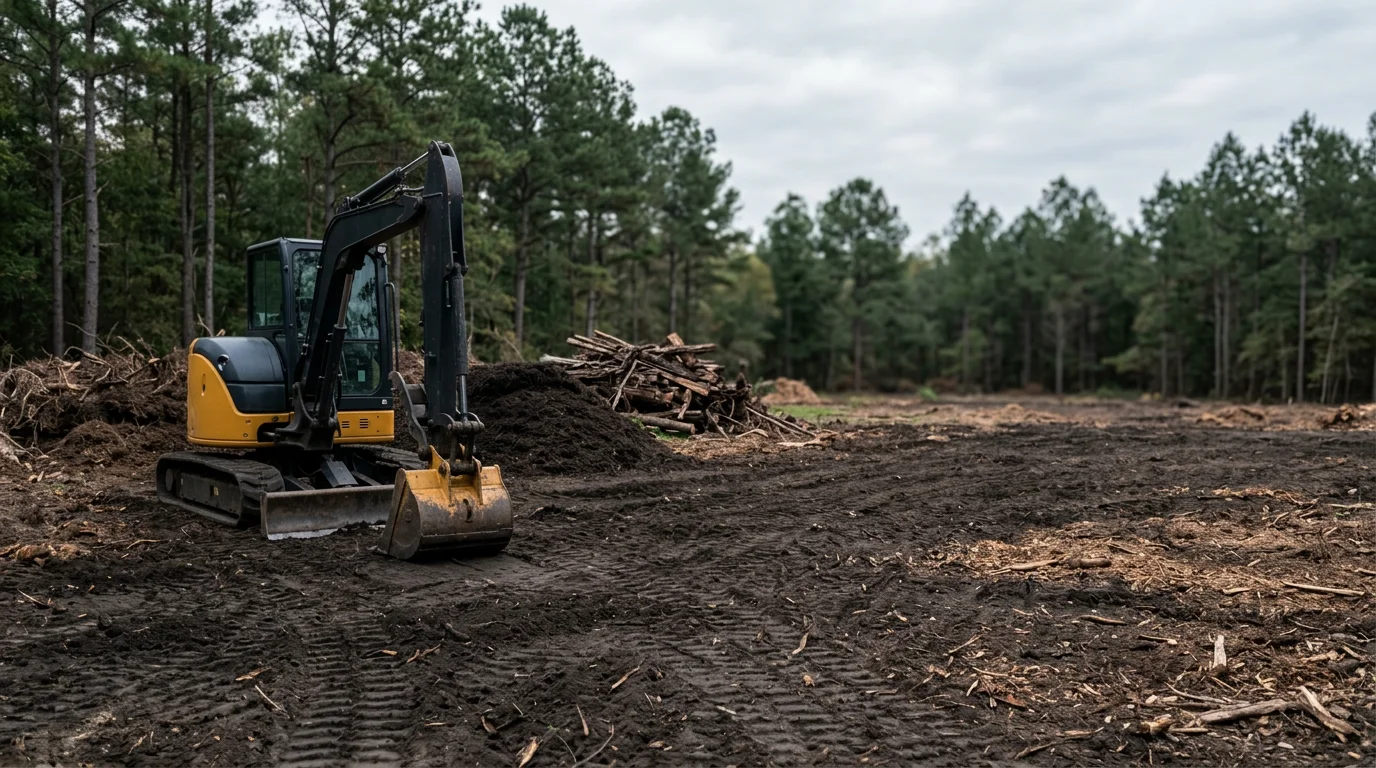 Heavy excavation equipment clearing and grading a property site in Angelina County, Texas