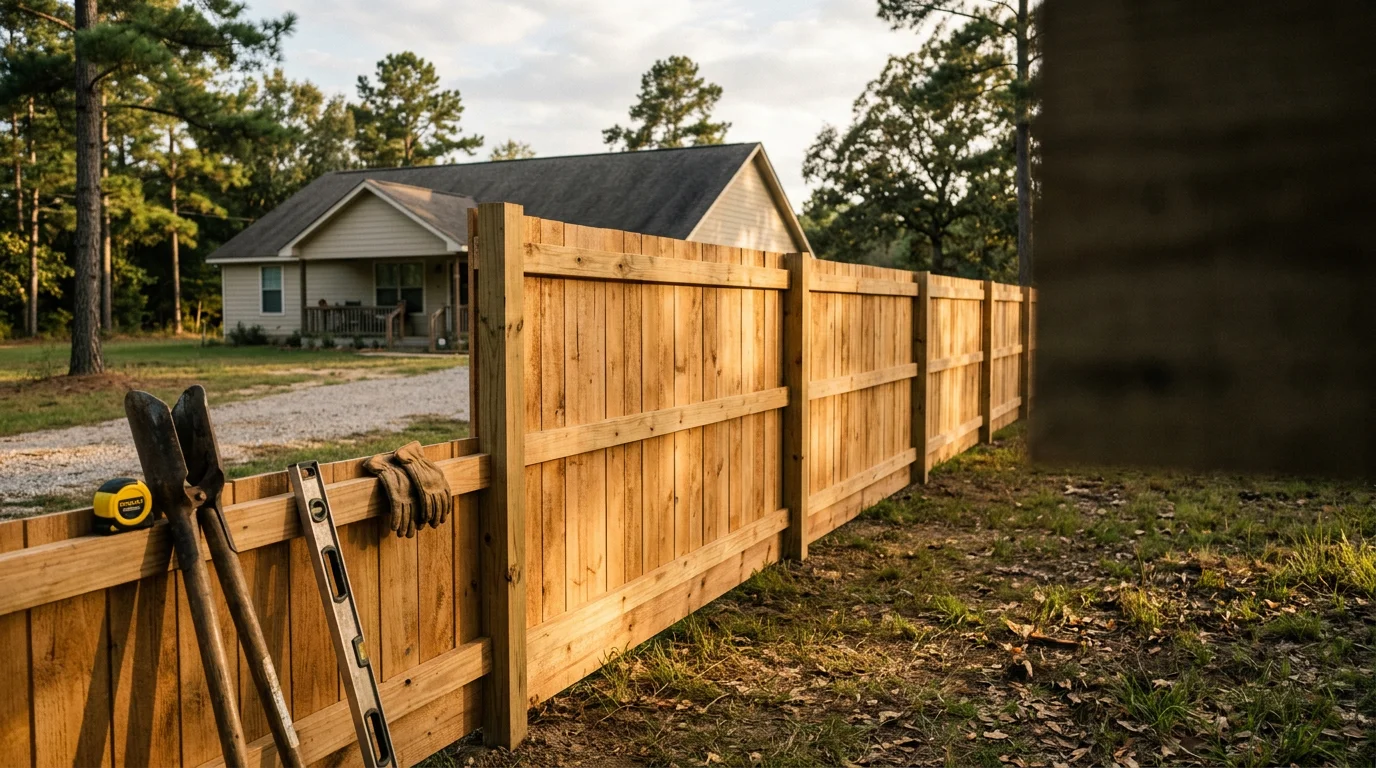 New residential fence installation with posts and panels on a cleared property line