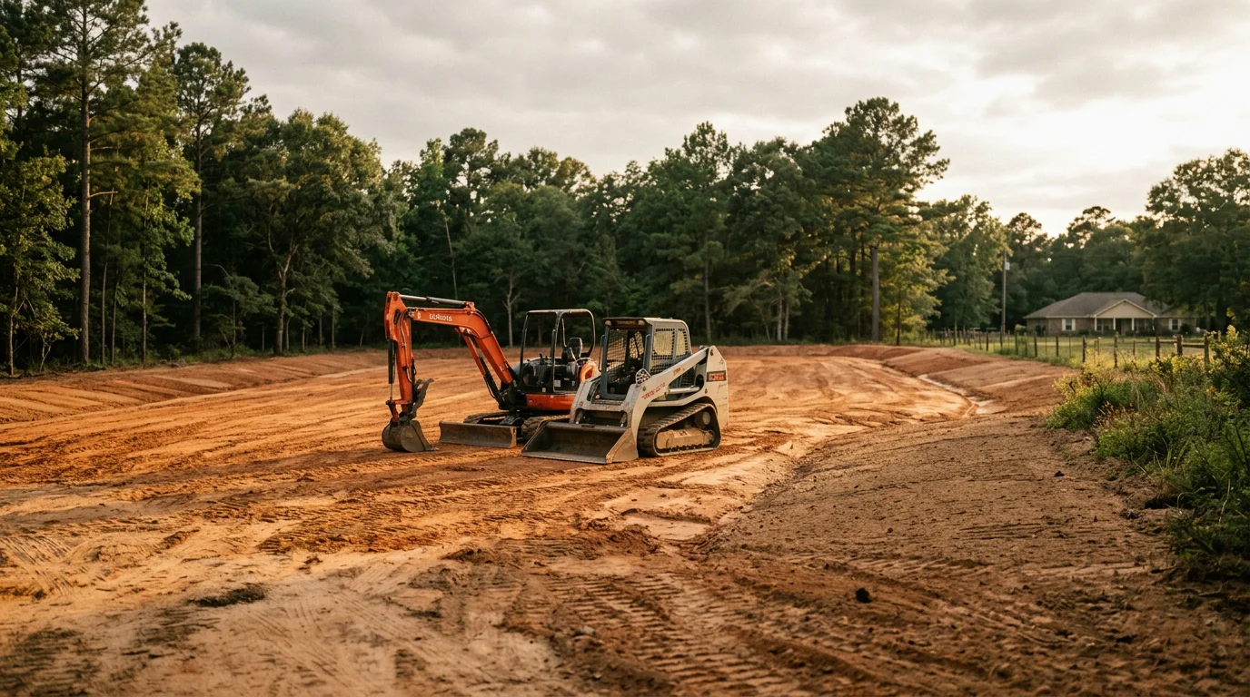 Freshly cleared and graded property with new sod installation and landscaping in Angelina County