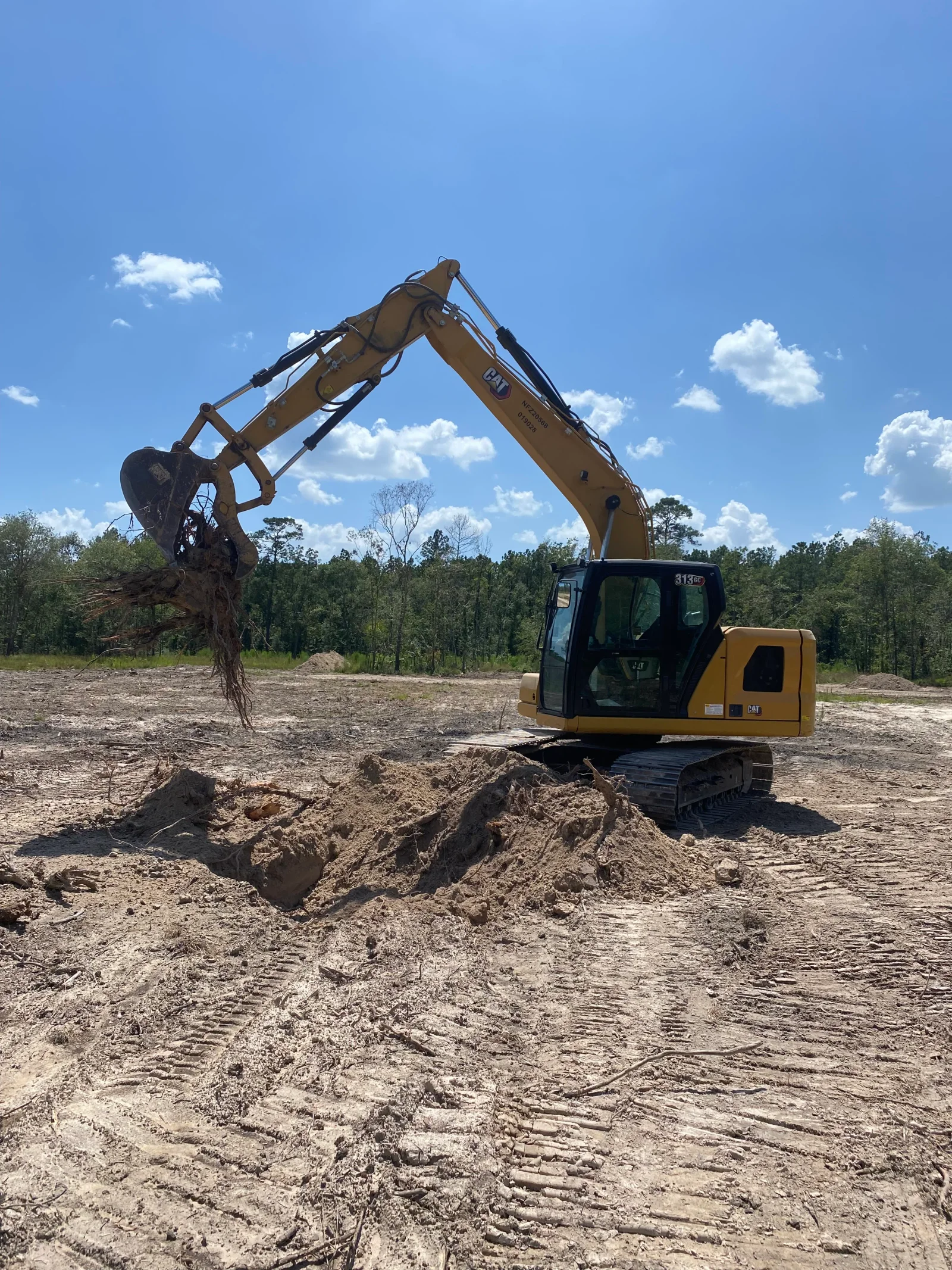 CAT excavator with grapple bucket removing tree stumps and debris from cleared land