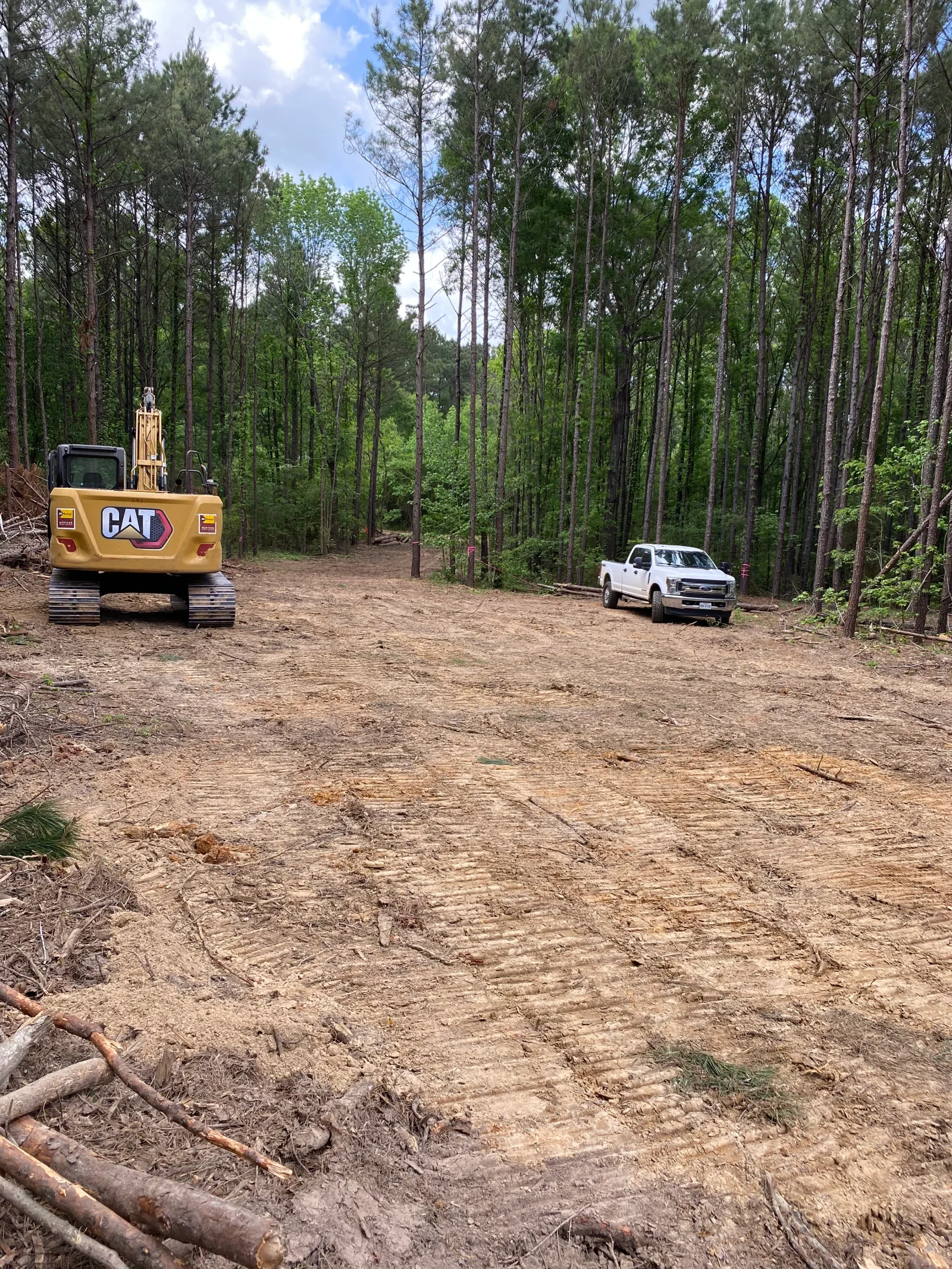 CAT excavator on cleared dirt lot surrounded by tall pine trees with white pickup truck nearby