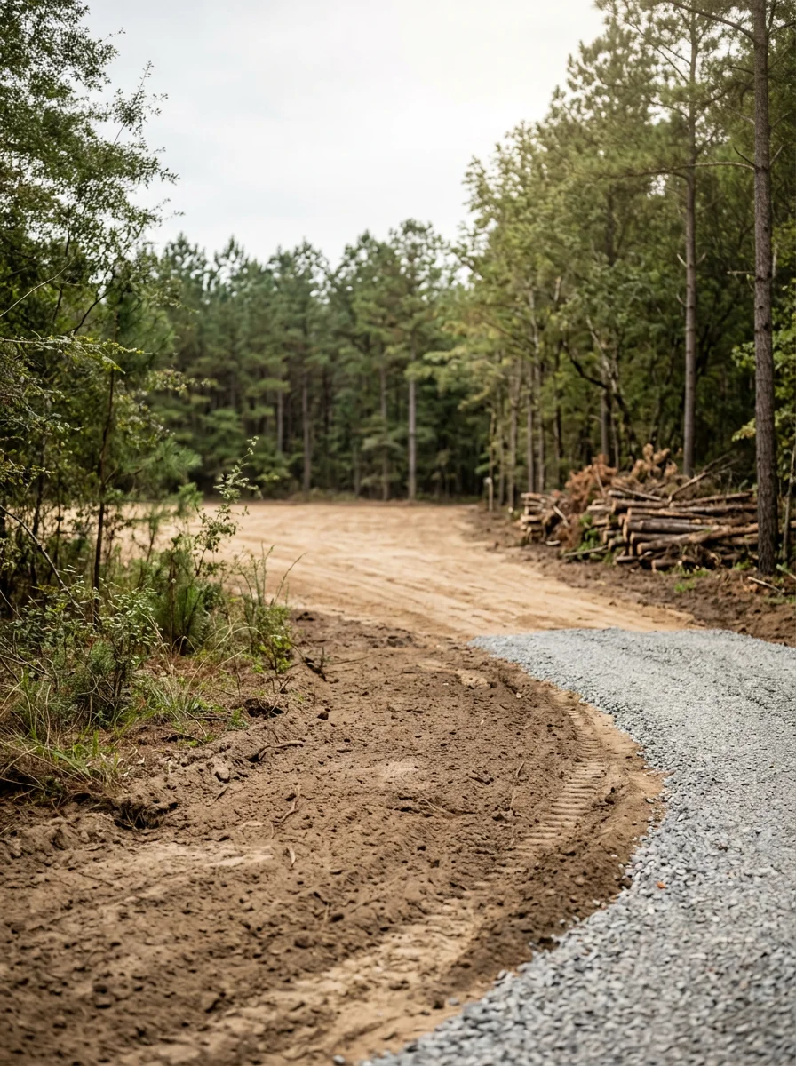 Freshly cleared and graded half-acre homesite in Angelina County, TX, showing sandy-loam topsoil, stacked pine debris at the tree line, and a gravel driveway entrance under construction.