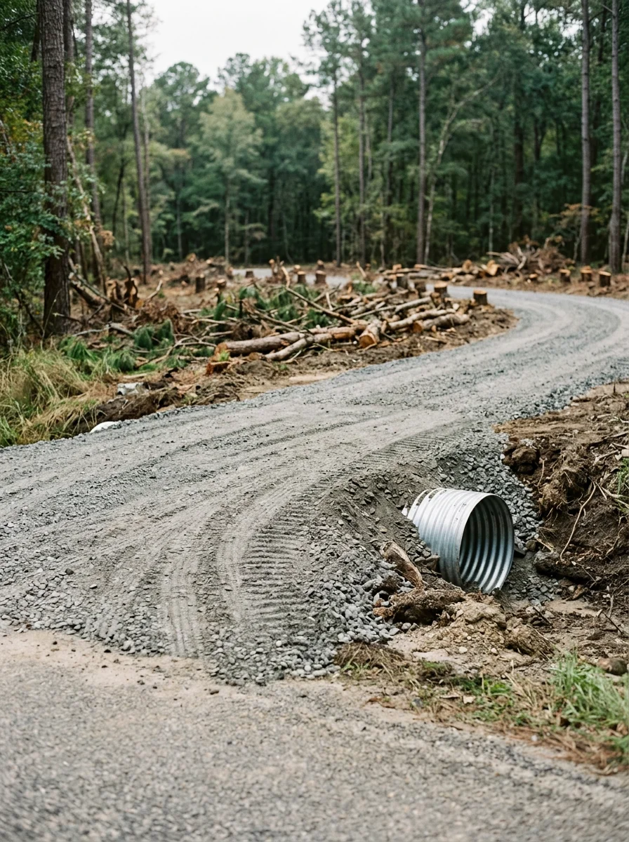 New gravel driveway entrance on a Diboll-area rural property with a corrugated culvert installed in the roadside ditch and cleared pine timber visible along the property boundary.