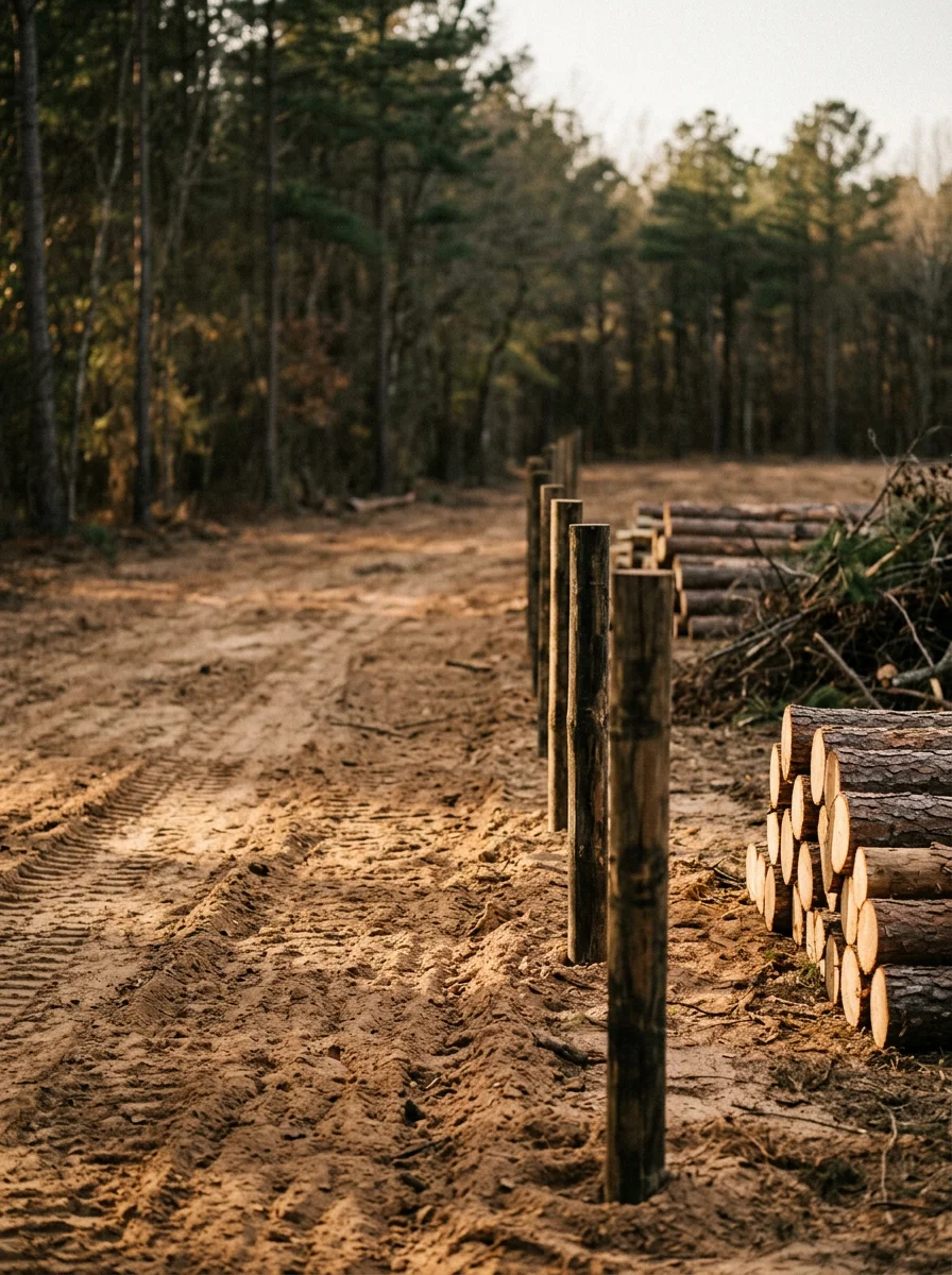 Fence post installation on a newly cleared acreage tract near Huntington, TX, with sandy-loam soil exposed along the cleared boundary and pine timber stacked at the property edge.