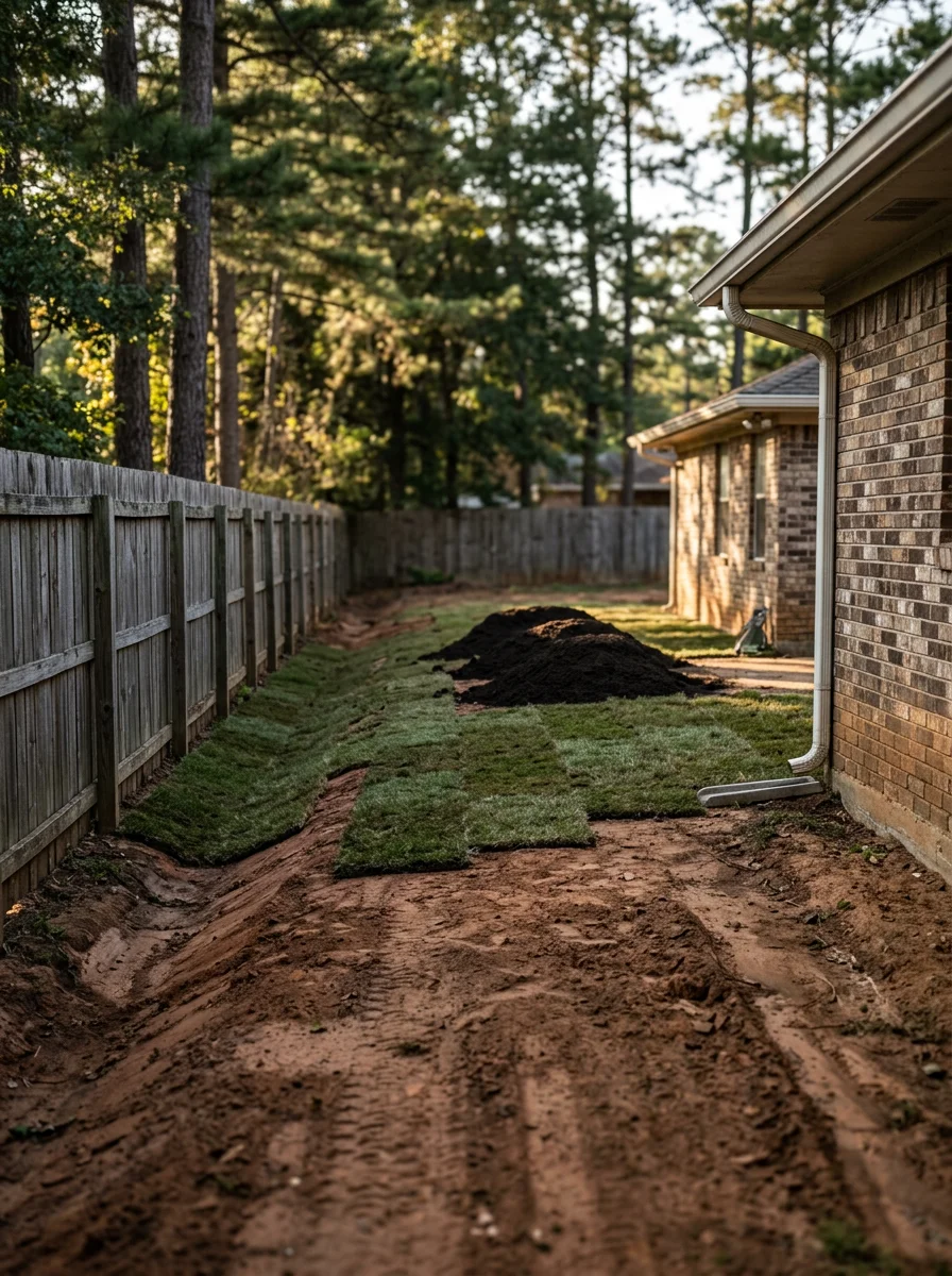 Regraded backyard on a 1980s-era Lufkin residential lot showing fresh topsoil, a defined drainage swale along the fence line, and sod being laid across the disturbed area.