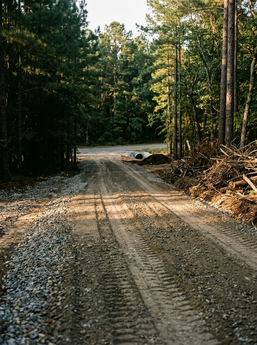 New gravel driveway cut through standing timber on a rural Zavalla, TX acreage tract, with a culvert installed at the county road entrance and cleared brush piled along the drive edge.