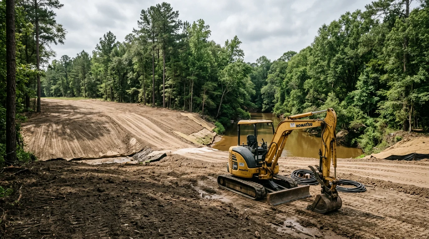 A completed rural bridge crossing over a wooded creek drain on private acreage in Angelina County, Texas, with graded earthen approaches on both sides. An excavating contractor's equipment is visible on the bank during final site work.