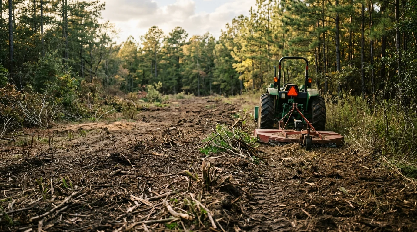 A rotary brush hog attachment cutting through dense overgrown vegetation on a rural pasture in Hemphill, Texas. The cleared area shows open, flat ground with cut grass and light brush debris, with East Texas pine trees visible in the background.