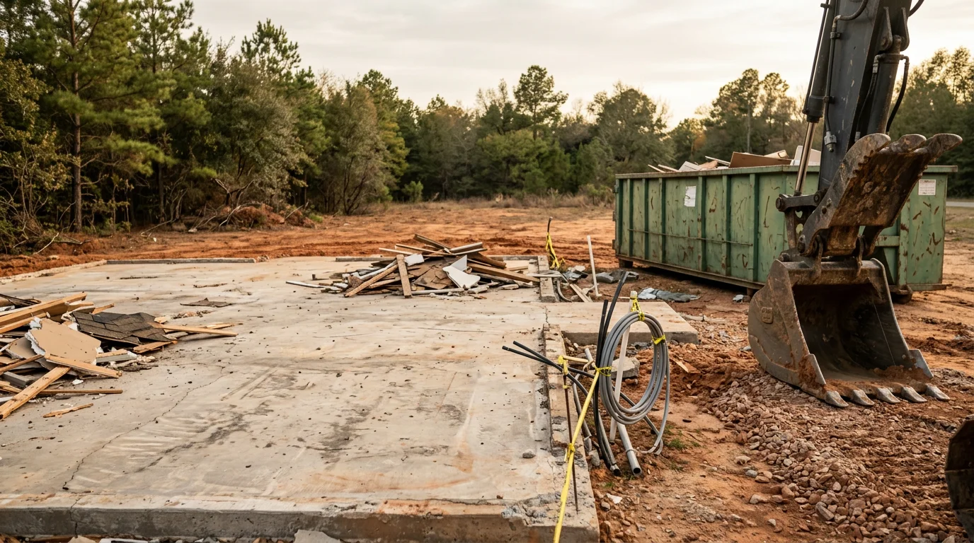 A wood-frame residential building being demolished on a rural Angelina County, TX property, with the structure partially torn down and the surrounding lot visible. Heavy equipment is positioned at the site during the active tear-down process.