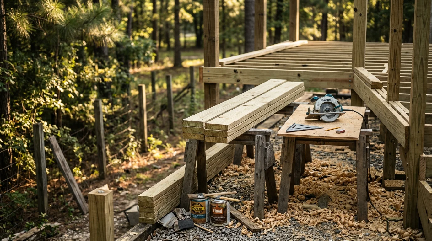 Finished exterior wood framing and trim work on a residential property in Angelina County, TX. The structure shows clean carpentry joints suited to the area's humid subtropical climate.