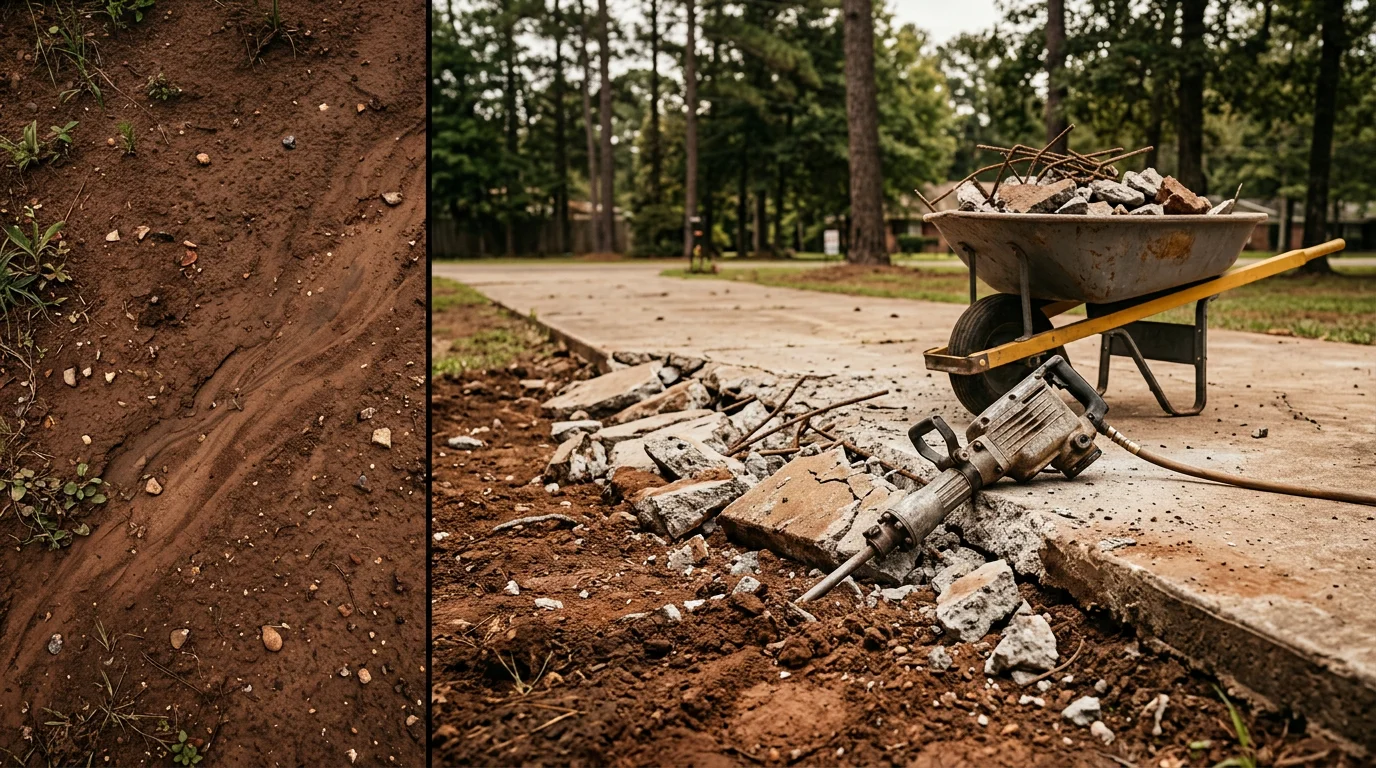 Broken concrete slab being demolished at a residential property in Angelina County, TX, with chunks of flatwork cleared to bare East Texas soil. Site is rough-graded and ready for new construction or landscaping.