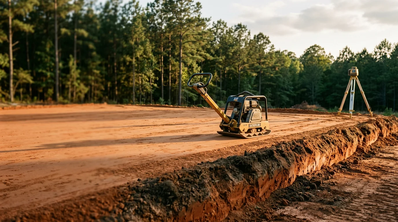 A freshly poured concrete equipment pad on a rural East Texas property in Angelina County, TX, with compacted base material visible at the slab edge. Surrounding pine trees and red clay soil are visible in the background.