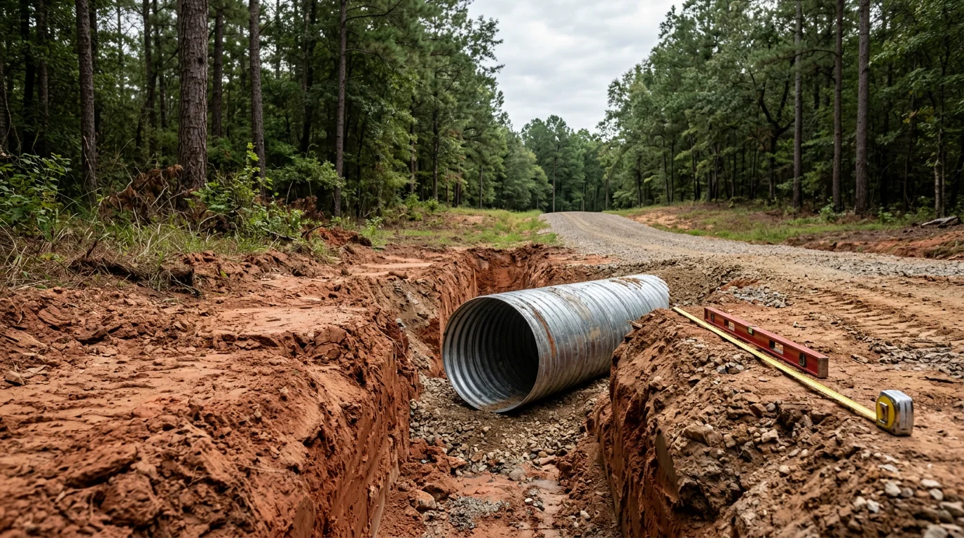 A freshly installed culvert pipe beneath a rural gravel driveway in Angelina County, TX, with compacted backfill and graded soil on both sides directing water flow away from the road crossing.