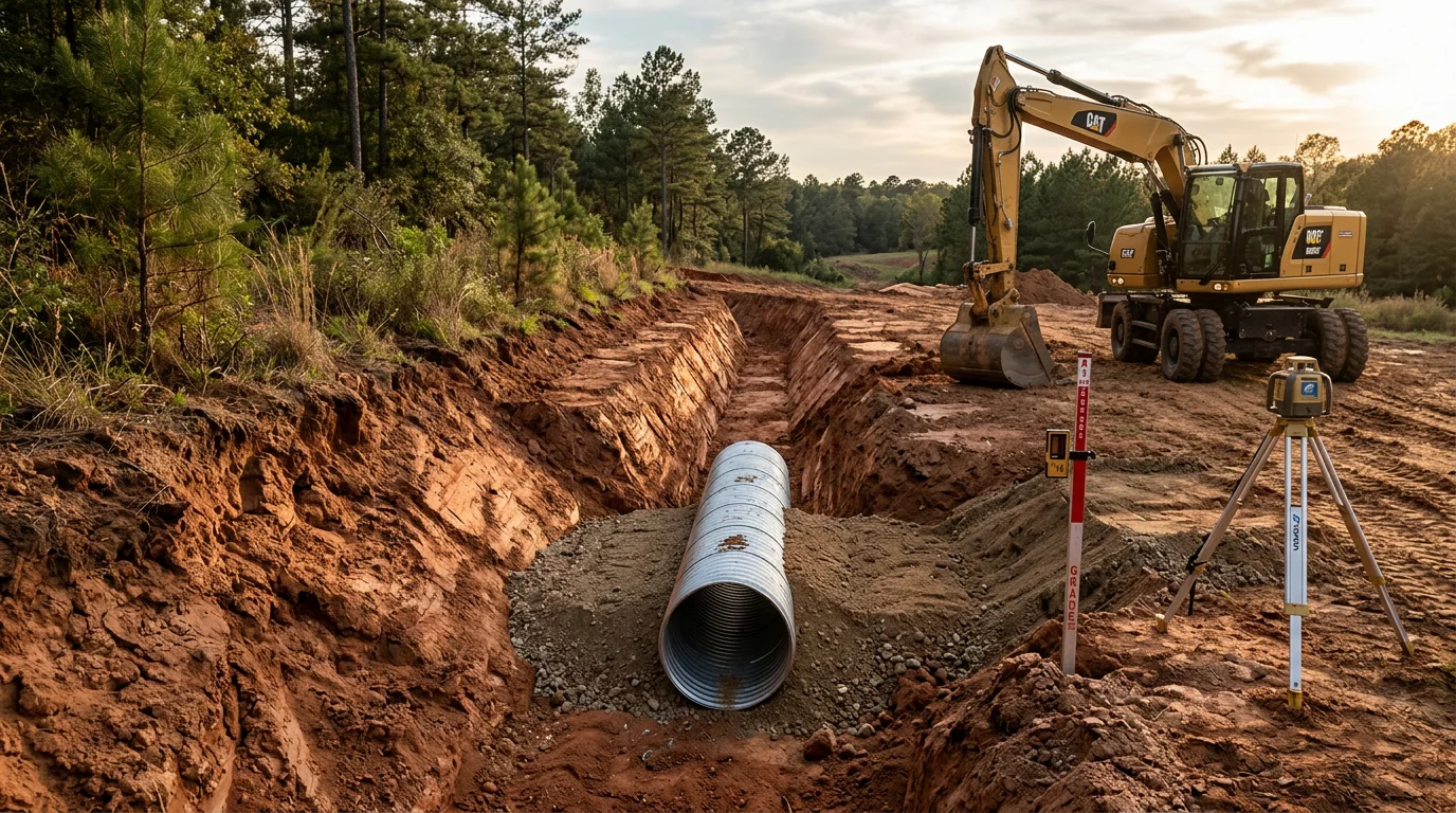 A freshly installed culvert pipe set beneath a gravel rural driveway crossing in Angelina County, TX, with graded soil and a clear drainage ditch running along both sides.