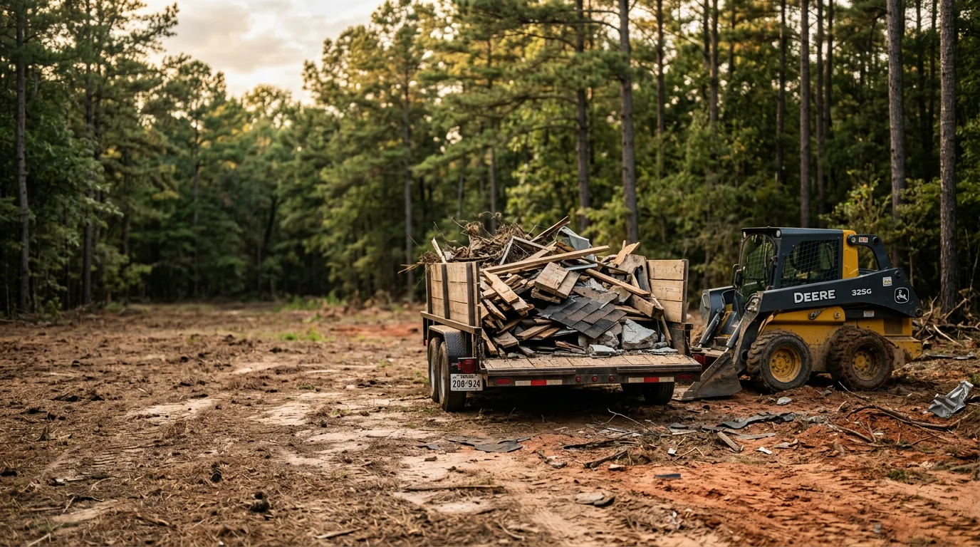 A cleared rural property in Angelina County, TX after debris removal, showing bare ground and pine tree lines with no brush piles or construction waste remaining. A work truck from Arrowhead Earthworks & Services LLC is visible near the site edge.