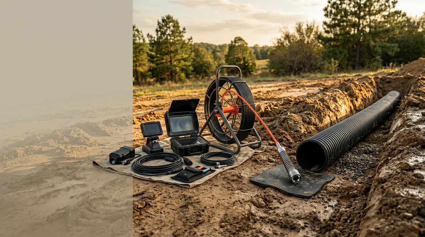 A drainage line access point on a rural Angelina County, TX property being prepared for inspection. Surrounding ground shows signs of water pooling near the pipe opening.