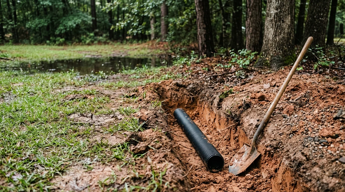 A repaired residential yard drain with restored pipe connection and compacted backfill on a low-lying Angelina County, TX property. Surrounding soil shows signs of previous water pooling near the drain outlet.