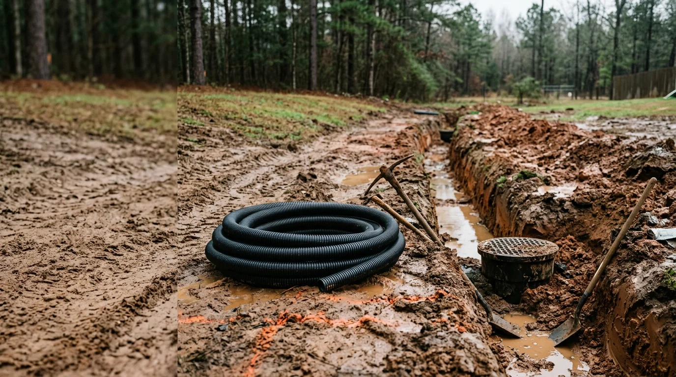 A freshly installed drainage trench running across a clay-soil yard in Angelina County, TX, with a perforated pipe set in gravel directing water away from a residential foundation. The surrounding ground shows the red-to-grey clay typical of the Lufkin area.