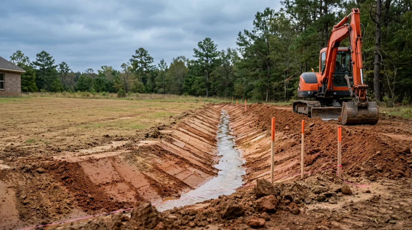 A freshly graded drainage channel cut through East Texas clay soil on a rural Angelina County property. Water flows along the graded path away from a residential structure after excavation work.