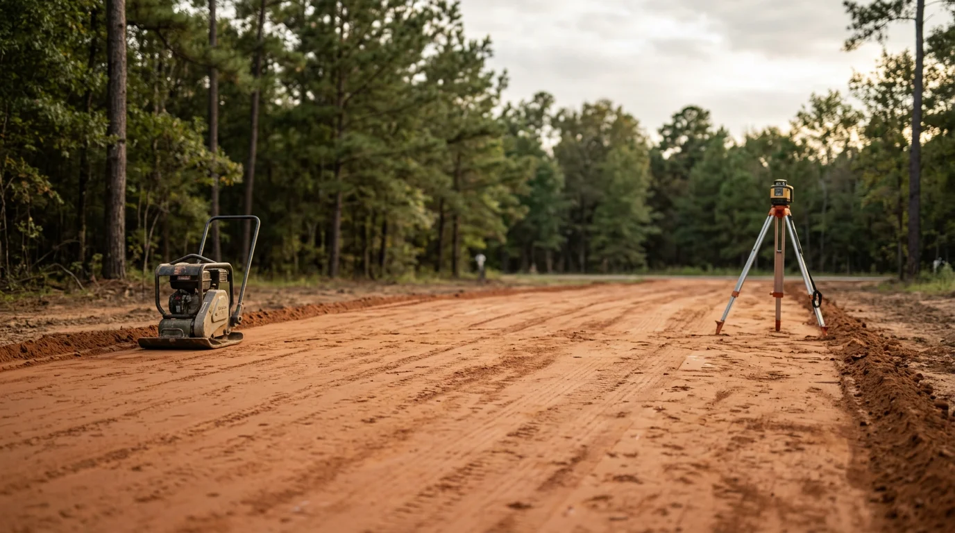 A newly constructed gravel driveway on a rural Angelina County, TX property, showing a graded and compacted surface with clear drainage slope away from the home. East Texas pine trees line the property edge in the background.