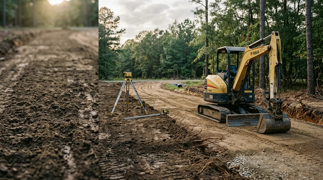 Freshly excavated and graded driveway on a rural Angelina County, TX property, showing compacted base material and shaped edges ready for surface treatment. East Texas pine trees line the sides of the cleared driveway path.