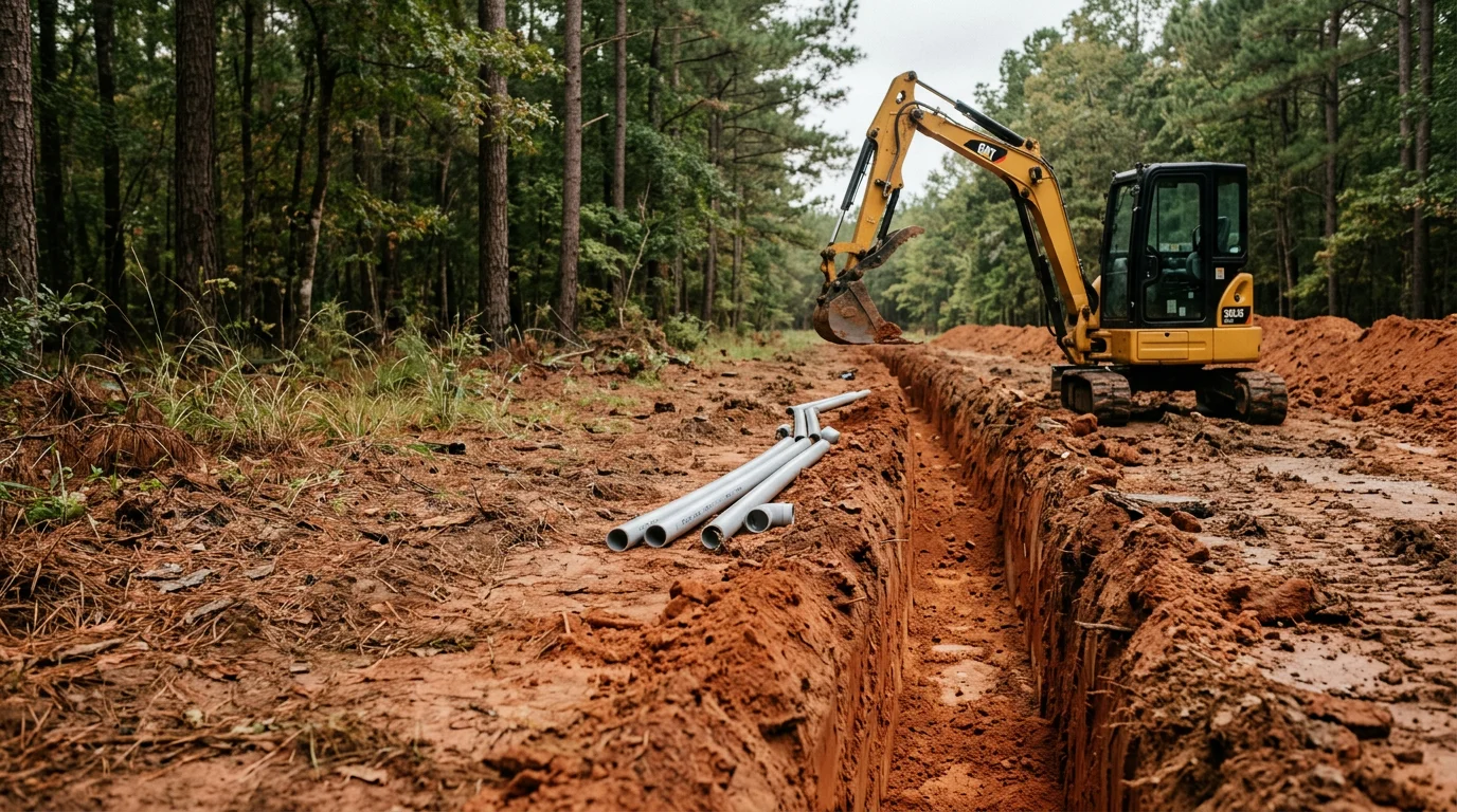 An open electrical trench cut through red East Texas soil on a rural Angelina County property, showing clean straight walls and a graded bottom ready for conduit installation. A compact excavator sits beside the trench on a wooded lot.