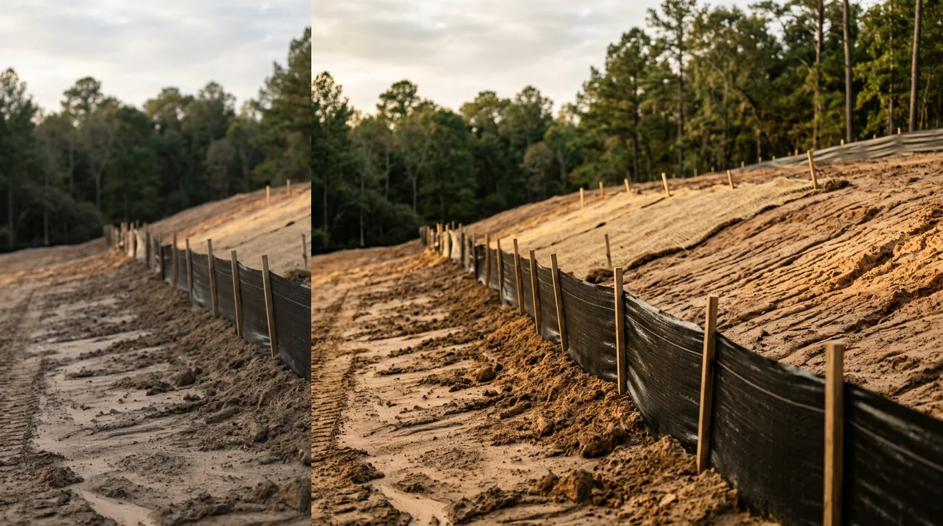 Stabilized sloped yard on a residential property in Angelina County, TX, showing bare soil secured against runoff after erosion control work. Ground cover and soil stabilization measures are visible along the slope where topsoil loss had been occurring.