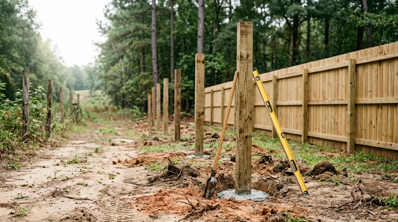 A newly installed fence running along the boundary of a rural property in Angelina County, TX, with pine trees visible in the background. Posts are set straight and level across gently rolling East Texas terrain.