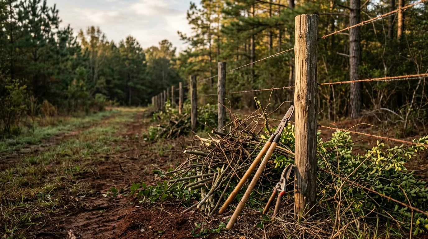 A cleared fence line on a rural Angelina County, TX property showing open wire fencing with brush and overgrowth removed from the corridor. East Texas tree line visible in the background beyond the clean, accessible boundary.