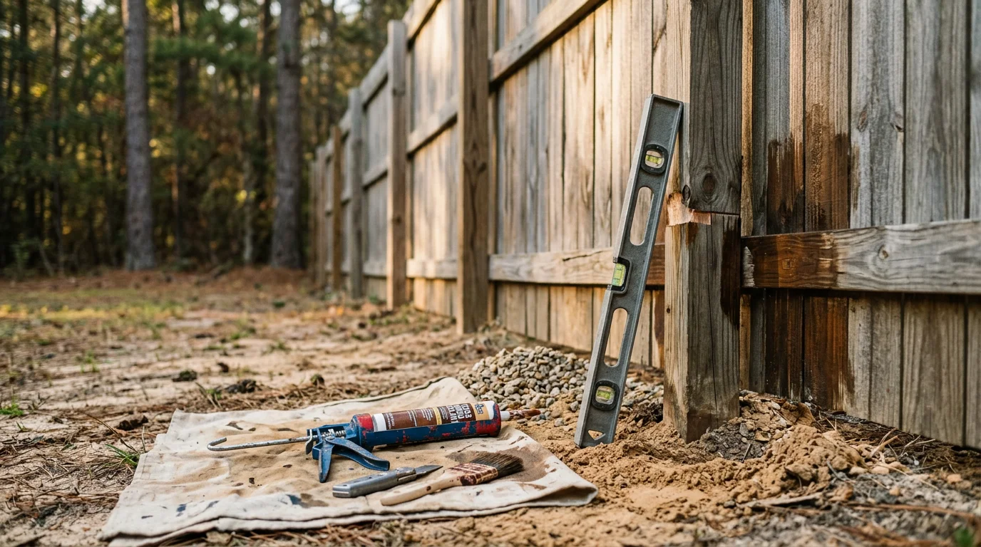 A wood privacy fence along a residential property in Angelina County, TX, showing clean rails, stable posts, and tightened hardware after a professional maintenance visit. Close detail of the lower fence rail and post base inspected for rot and moisture damage in an East Texas yard.