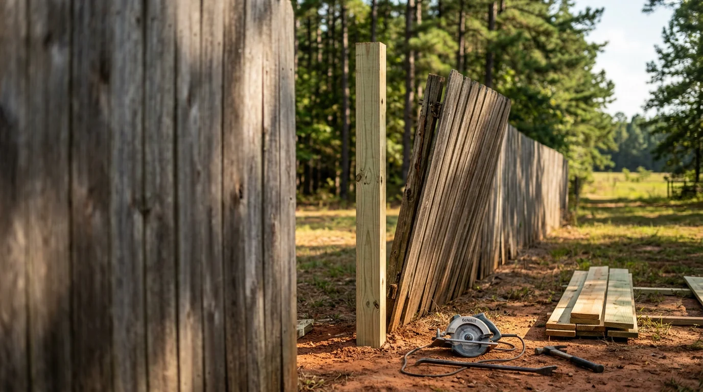 A repaired wood fence section on a rural Angelina County, TX property, with a reset post and replaced boards blending into the existing fence line. The surrounding East Texas landscape is visible in the background.
