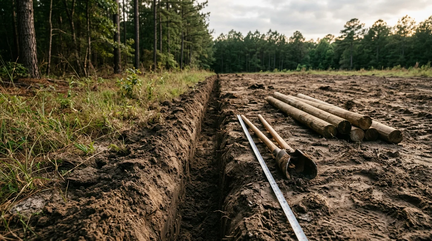 A newly installed perimeter fence running along a rural property in Angelina County, TX, with East Texas pine trees visible in the background. The fence line follows gently rolling terrain typical of the Piney Woods region.