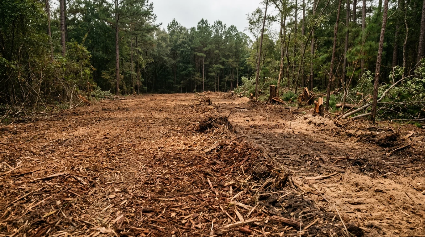 A forestry mulcher clearing dense pine and hardwood underbrush on a rural property in Angelina County, TX. The cleared ground shows a layer of fresh wood mulch with open land visible beyond the machine.