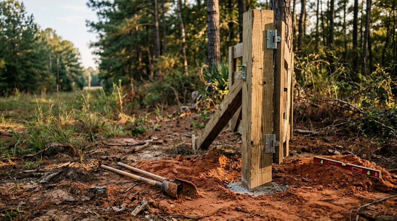 A newly installed property gate at the entrance of a rural wooded parcel in Angelina County, Texas. The gate is mounted on set posts at the edge of a gravel driveway lined with pine trees.
