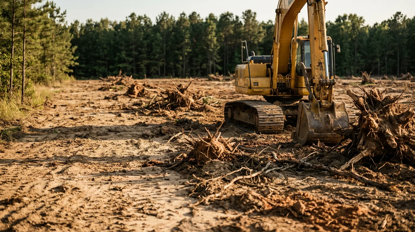 Excavator removing a large pine stump and root ball from a cleared tract of land in Angelina County, TX. Exposed East Texas soil and surrounding pine timber visible in the background.