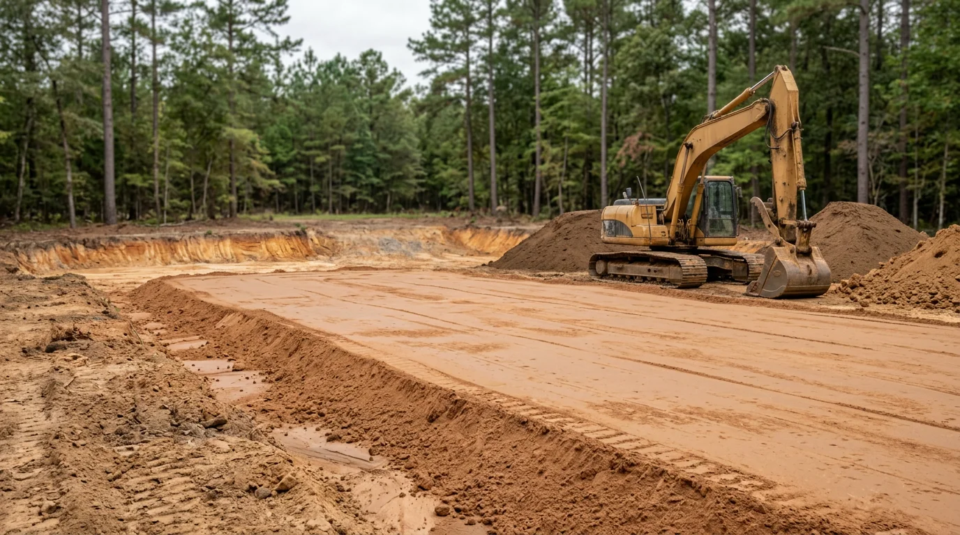 Freshly graded and compacted house pad on a cleared residential lot in Angelina County, TX, with level fill dirt ready for foundation work. East Texas pine trees visible at the property edge in the background.