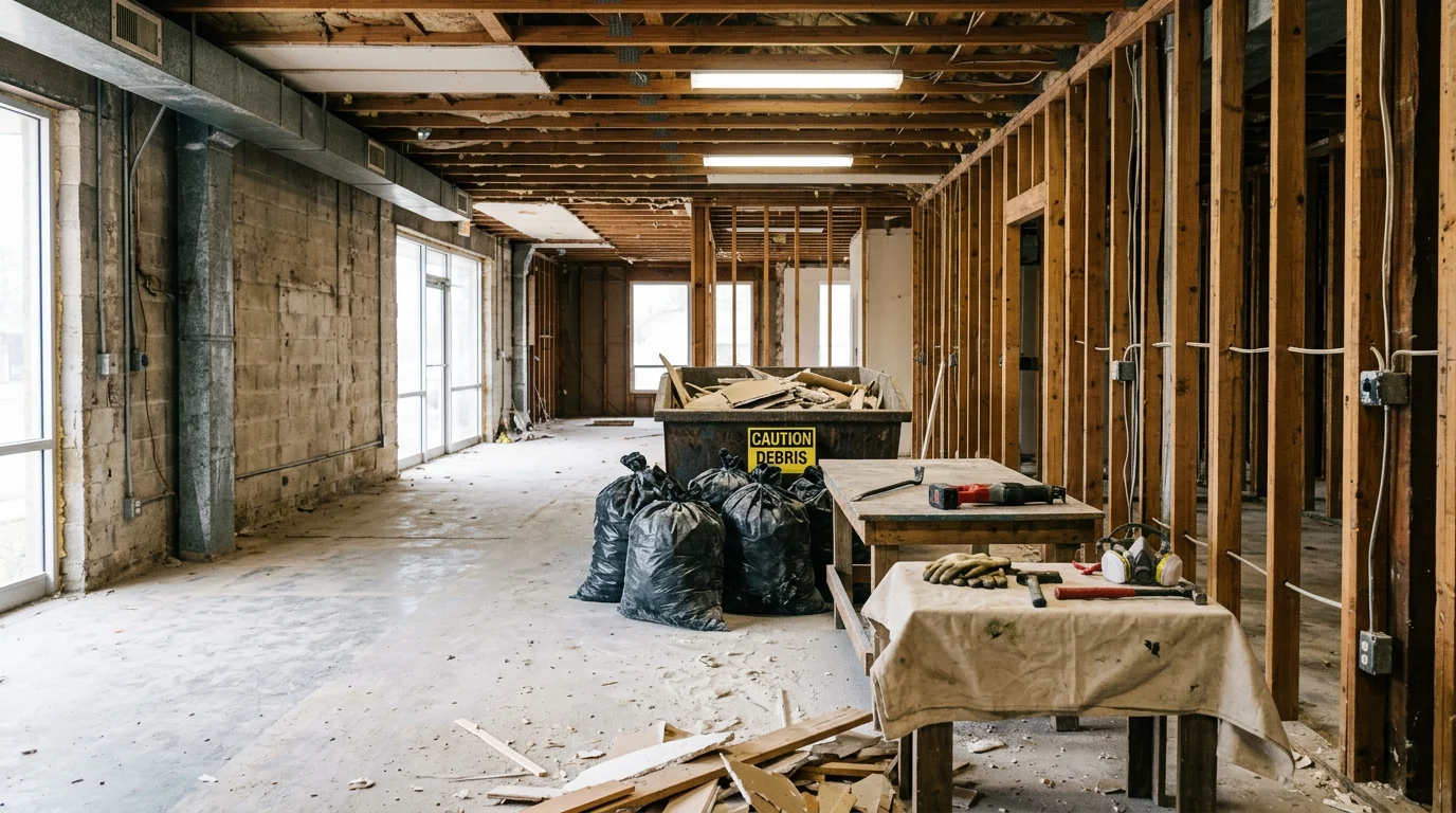 Interior of an Angelina County, TX property mid-demolition with walls stripped to the studs and flooring removed in preparation for renovation. A cleared, open room showing exposed framing after a residential interior gut-out by a demolition contractor.