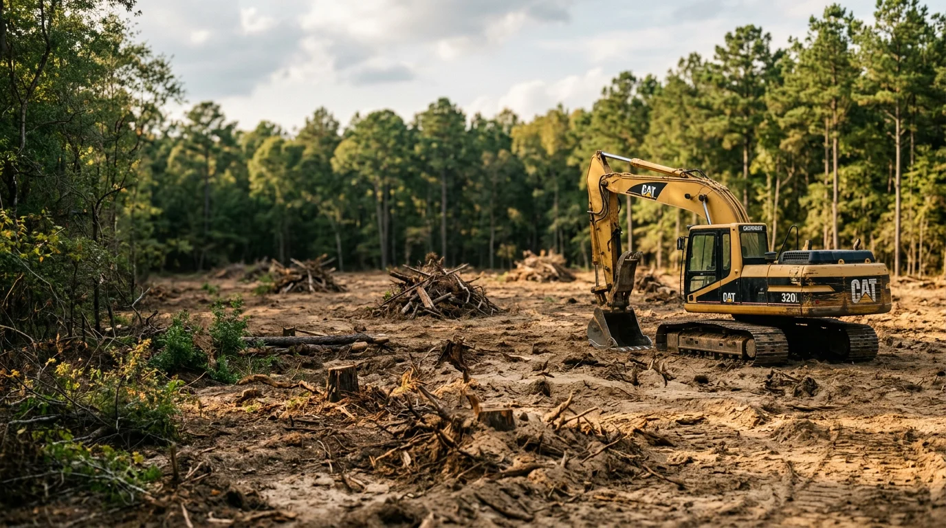A freshly cleared rural property in Angelina County, TX, with pine stumps and brush removed and open ground ready for development. Heavy East Texas woodland borders the cleared area in the background.