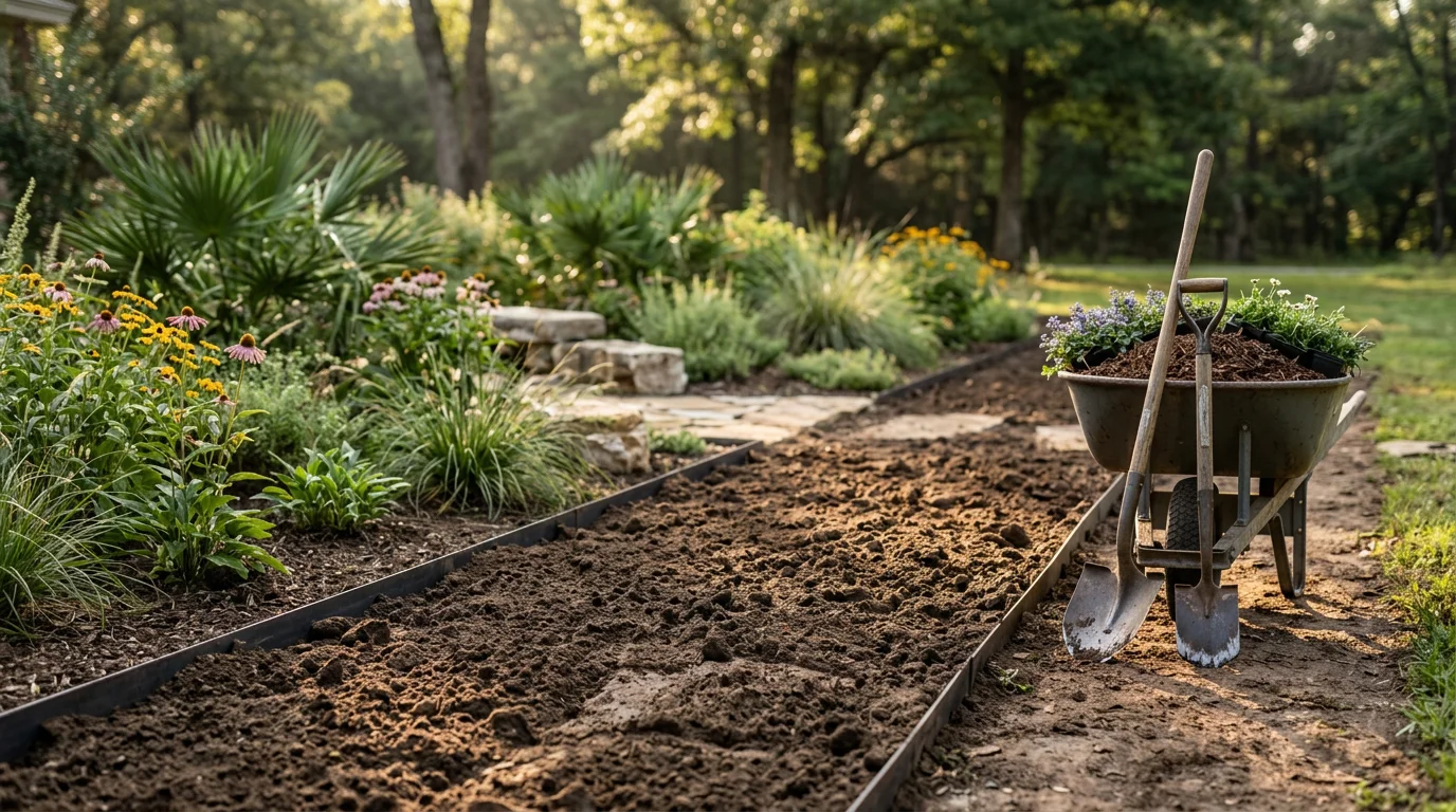 A landscaped residential yard in Angelina County, TX, showing defined plant beds with ground cover and clean edging along a home's front exterior. The surrounding East Texas pine and hardwood tree line is visible in the background.