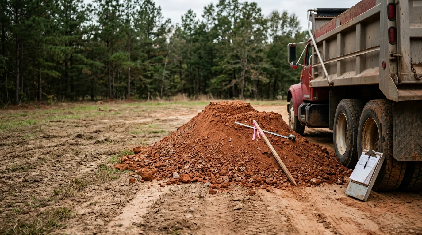 A load of fill material being delivered to a rural property in Angelina County, TX, with red clay soil visible and a cleared site ready for grading work.