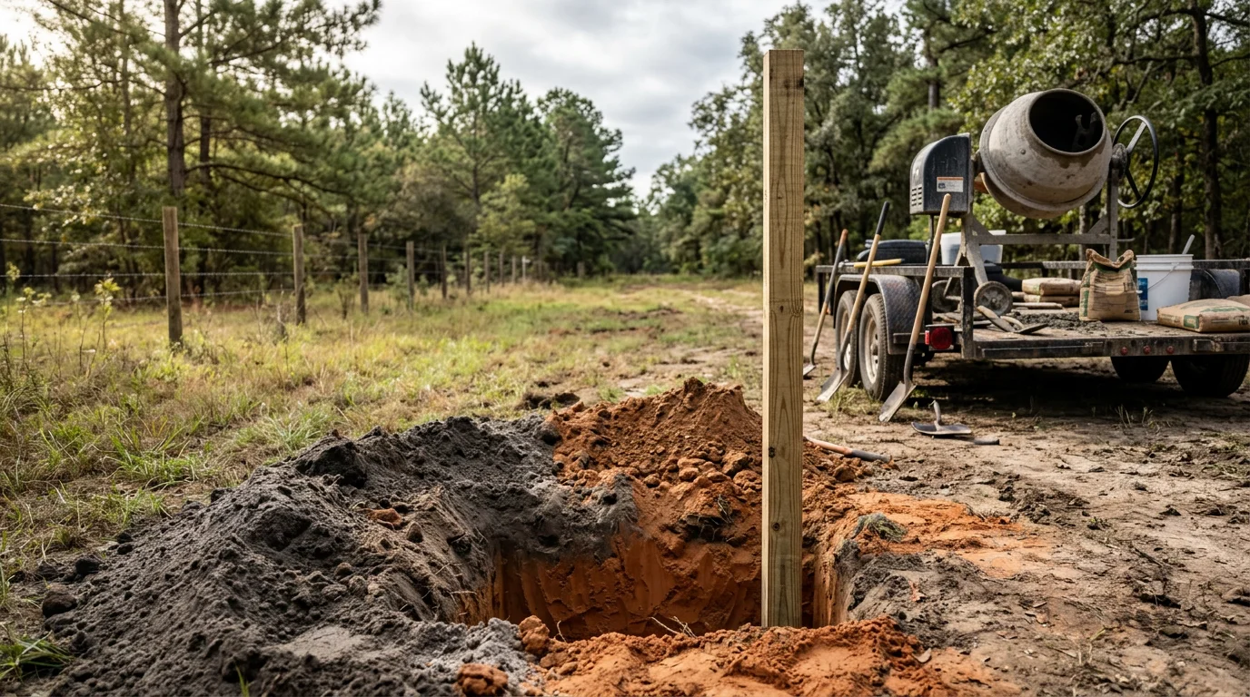 A newly replaced fence post set in concrete in red sandy clay soil in Angelina County, TX, with a wood privacy fence panel reattached and standing plumb. Close-up view shows the ground line where the old rotted post was removed and the fresh post installed.