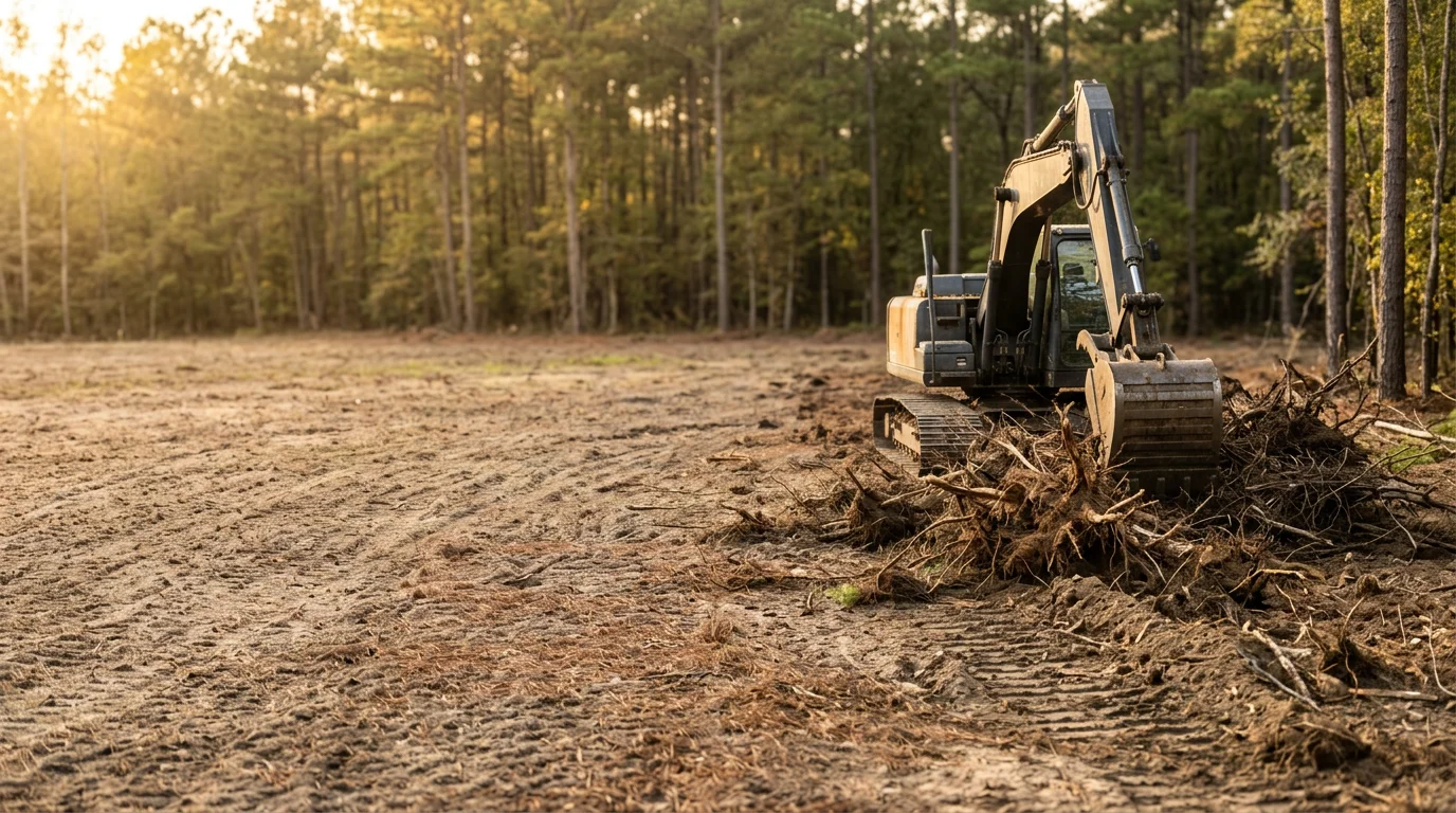 Excavation equipment clearing dense pine and hardwood brush from an overgrown rural lot in Angelina County, TX. The cleared area shows exposed ground and a defined property edge restored from heavy vegetation.