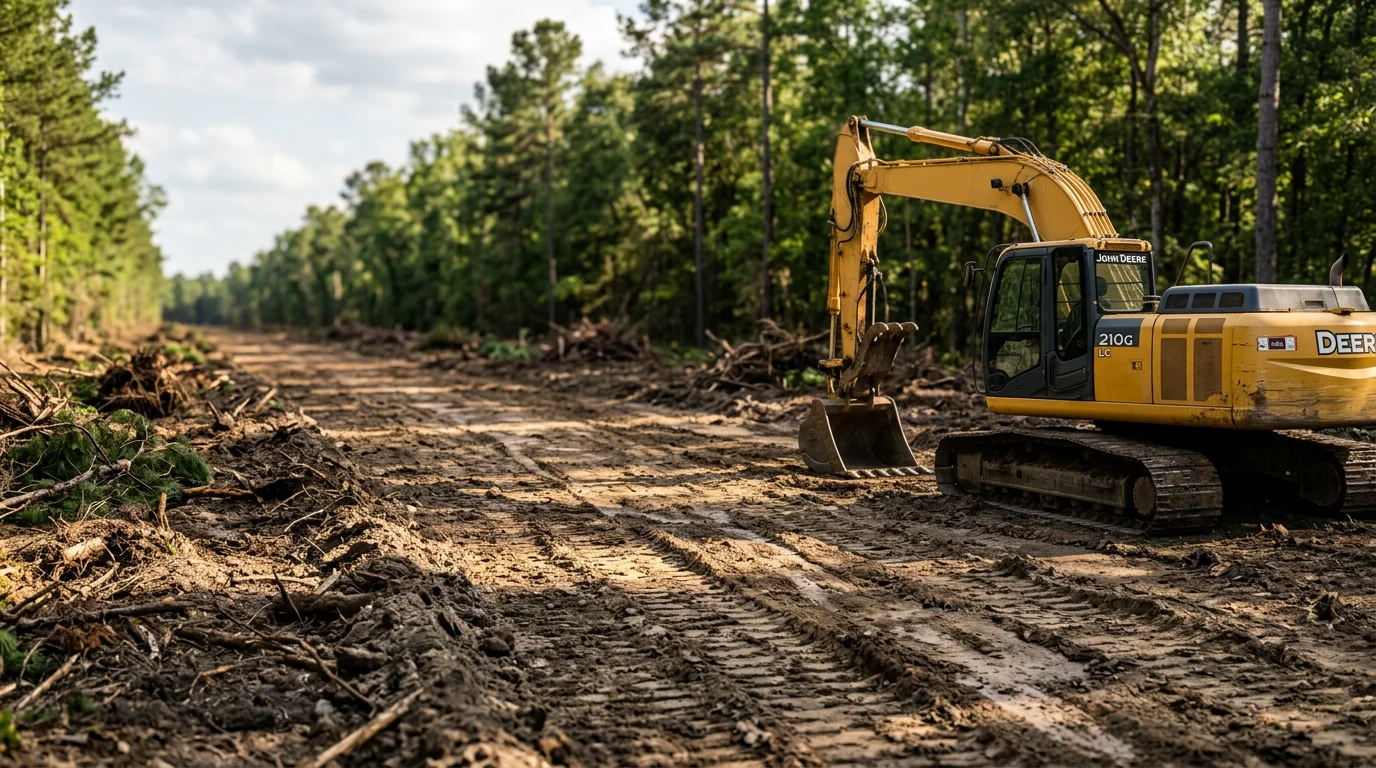 An excavating contractor clearing a wooded right of way corridor in Angelina County, Texas, with pine trees and dense underbrush removed to expose open, graded ground along a utility easement line.