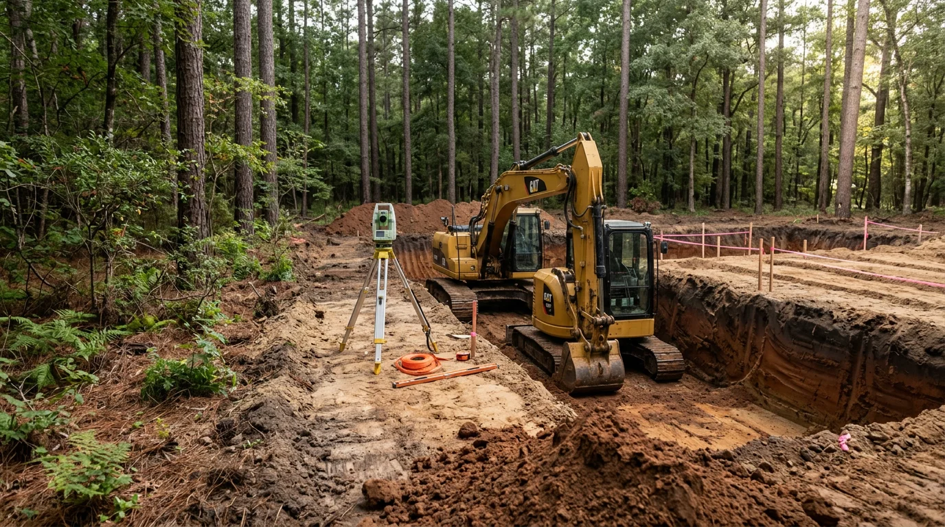 Excavator digging a septic tank pit on a rural wooded property in Angelina County, Texas. The cleared site shows exposed East Texas soil with a prepared base ready for tank placement.