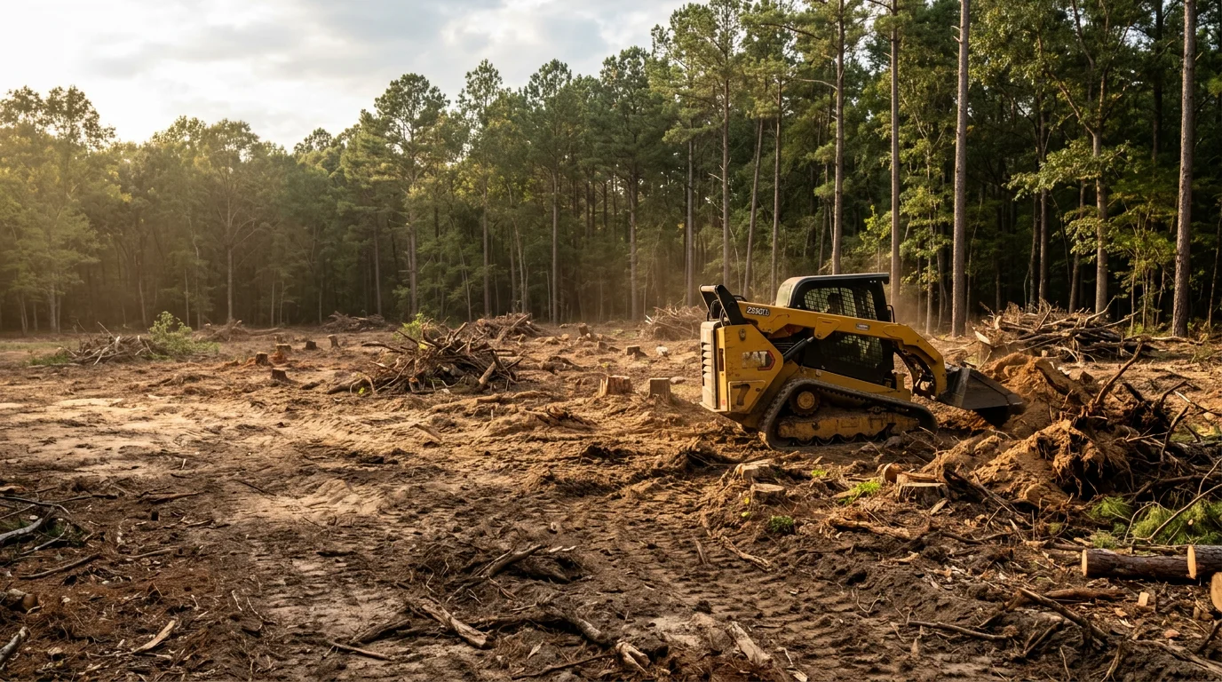 A cleared residential lot in Angelina County, TX, showing stumps and pine trees removed and bare ground ready for construction. Heavy East Texas pine forest remains visible along the property boundary.