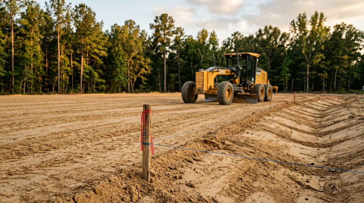 A graded and leveled building pad on a wooded Angelina County, TX property, with cleared East Texas pine and hardwood surroundings and compacted soil ready for foundation work.