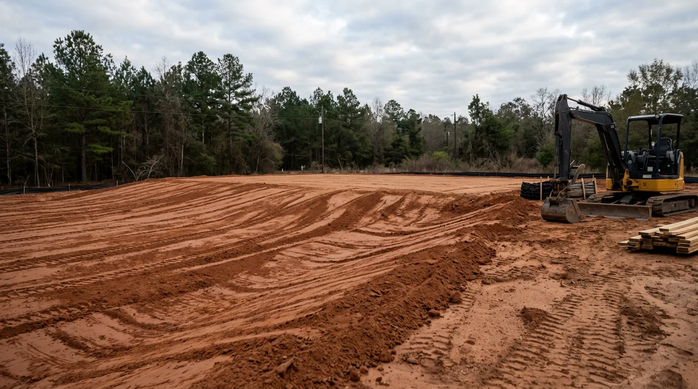 A graded and leveled building site in Angelina County, TX, with smooth earthwork and shaped drainage slopes visible across red clay soil. An excavator sits at the edge of the cleared pad on a rural East Texas property.
